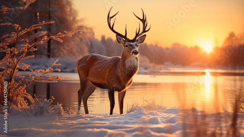 Deer in winter nature with sunset at the lake.