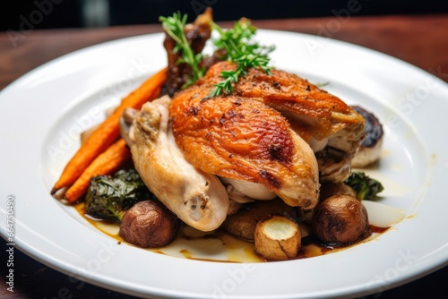 Plated chicken roast dinner on a white plate with carrot and morel mushroom.