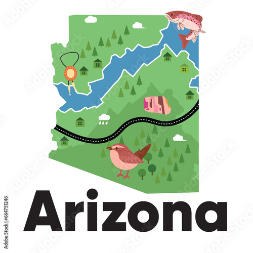 Arizona map shape with green forest natural animal and icon safari drawing illustration states of America
