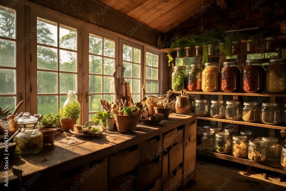 Rustic, sustainable, countryside kitchen with mason jars and communal sharing concept. Generative AI - obrazy, fototapety, plakaty 