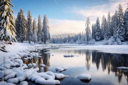 Snowy scenery with fir trees and lake. Generative AI