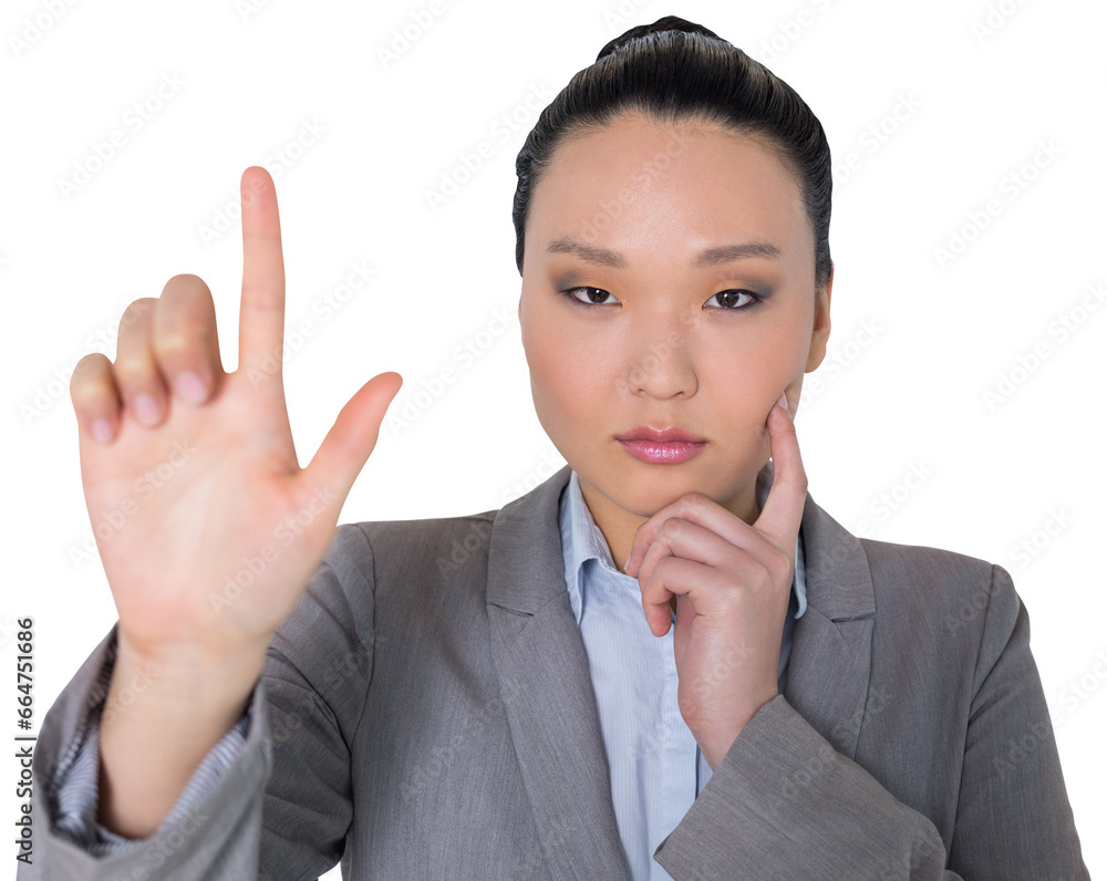 Digital png photo of asian businesswoman pointing on transparent background Digital png photo of asian businesswoman pointing on transparent background