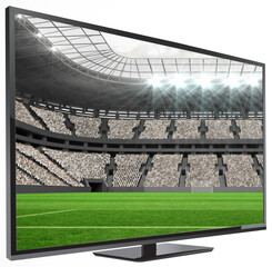 Digital png illustration of football stadium on tv screen on transparent background