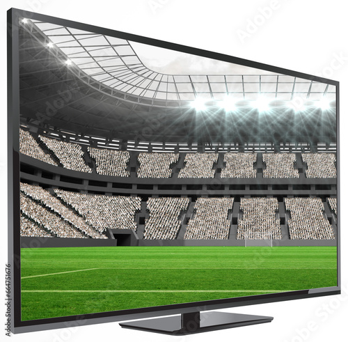 Digital png illustration of football stadium on tv screen on transparent background