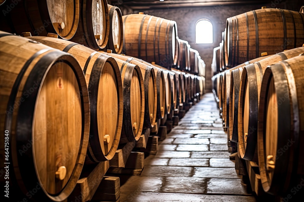 Wooden oak Port barrels in neat rows.