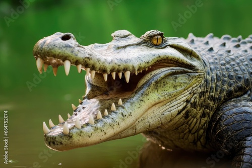 Crocodile with its mouth wide open with a green lake in the green background. © Md