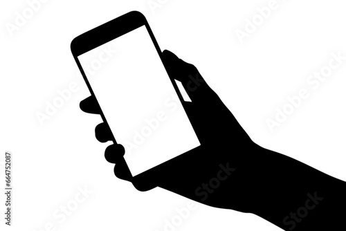 Digital png silhouette of hand holding smartphone with copy space on transparent background