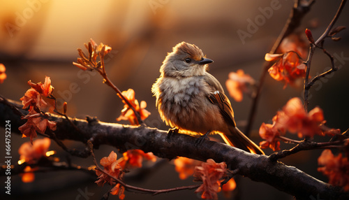 A small sparrow perching on a branch, surrounded by autumn leaves generated by AI © djvstock