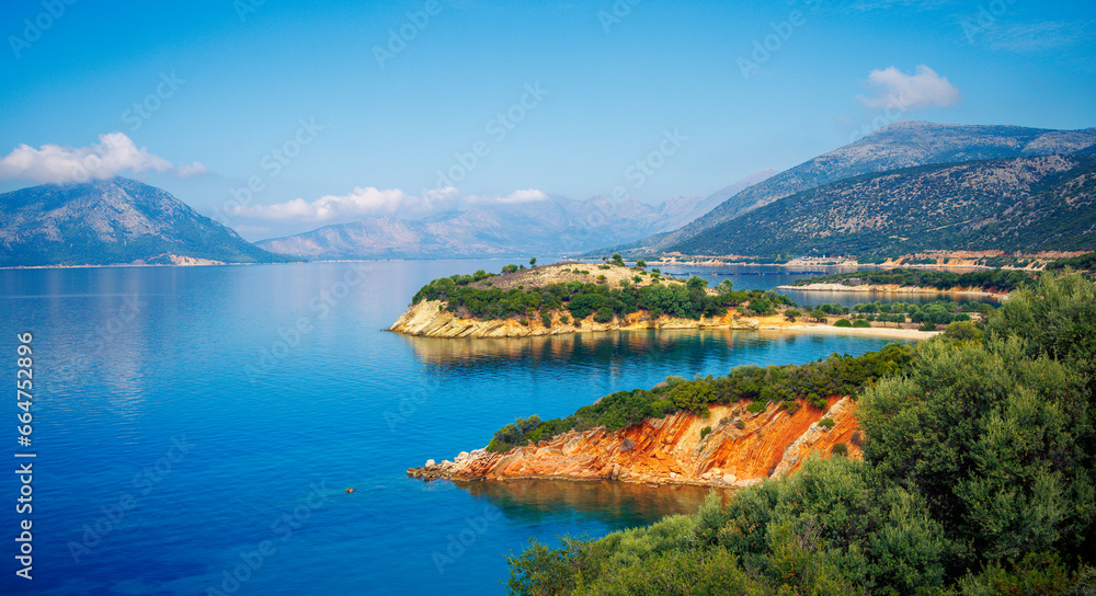 Beautiful panoramic view of sea, coast, bay and greek island- travel, tour tourism in Greece