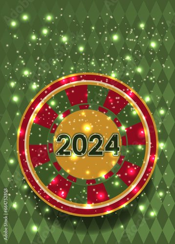 Christmas casino banner, poker chip 2024 new year. vector illustration	