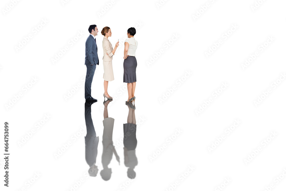 Digital png photo of three caucasian male and female businessmen talking on transparent background Digital png photo of three caucasian male and female businessmen talking on transparent background
