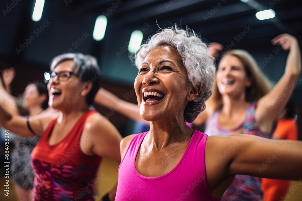 African american senior female retired adult exercising in dance class; portrait of elderly woman smiling looking at camera; old mature healthy person training fitness; health and wellness lifestyle - obrazy, fototapety, plakaty 