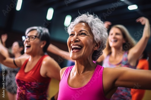 African american senior female retired adult exercising in dance class; portrait of elderly woman smiling looking at camera; old mature healthy person training fitness; health and wellness lifestyle