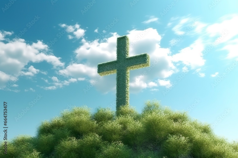 The cross of God with green Leaf, in the rays of the sun and blue sky. Cross on the hill with green trees and graeen natural view. Religious concept. The cross of God with green Leaf, in the rays of the sun and blue sky. Cross on the hill with green trees and graeen natural view. Religious concept.