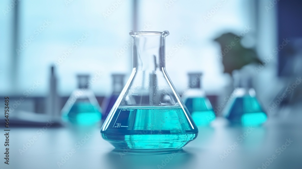 A Science Beaker in the laboratory on a table white and light blue background.. laboratory equipment out of focus. A Science Beaker in the laboratory on a table white and light blue background.. laboratory equipment out of focus.