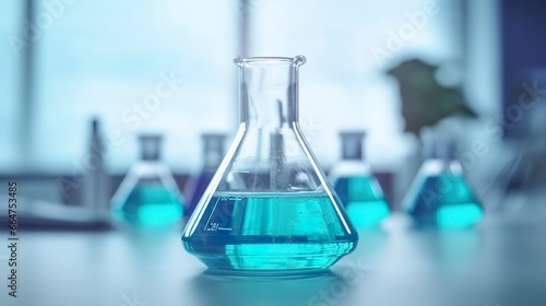 A Science Beaker in the laboratory on a table white and light blue background.. laboratory equipment out of focus.