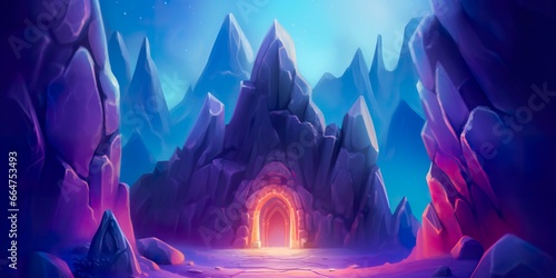 A mountain peak treasure cave in a barren and uninhabited place in Night.