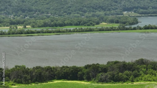 Trempealeau river panning aerial drone shot in Wisconsin, United States, day photo