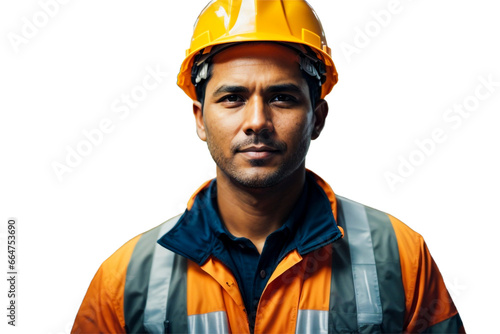 portrait of a construction worker and white background behind. worker, construction, helmet, hat, builder, engineer, safety, work.