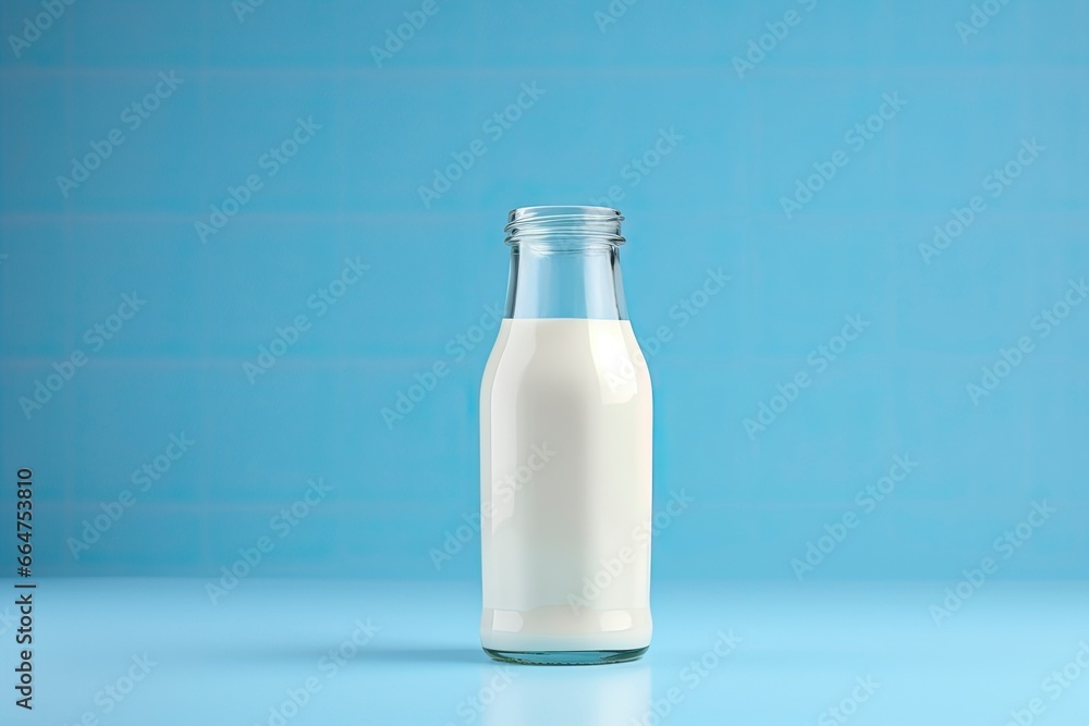 A glass bottle with full milk on blue background. A glass bottle with full milk on blue background.
