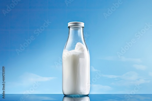 A glass bottle with full milk on blue background. © Md