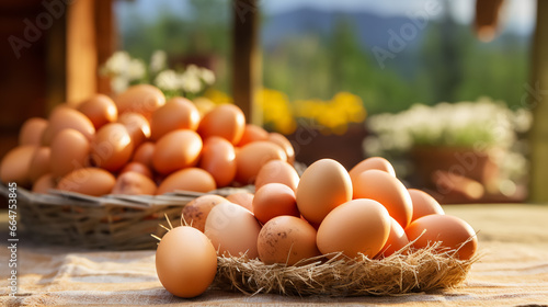 chicken eggs in hay nest on a wooden table over farm