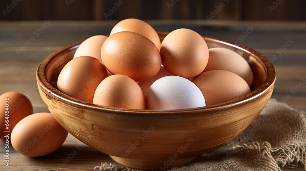 Bowl with raw chicken eggs on wooden table Bowl with raw chicken eggs on wooden table