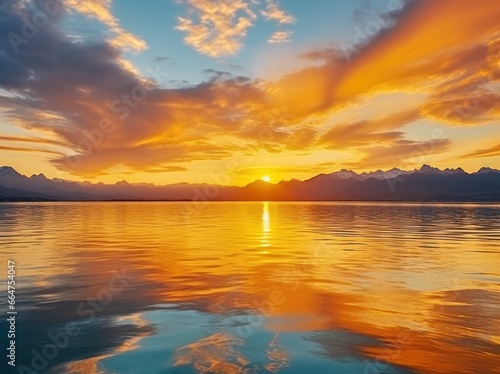 Bright sunset over Lake golden clouds reflect in the water.