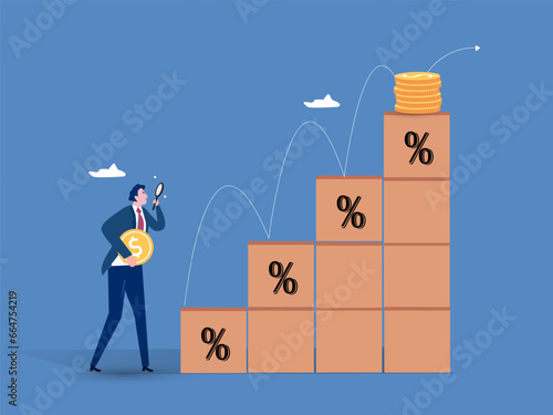 Investment and financial growth, interest growth on deposits and profit, economic improvement and GDP growth, wage growth and unemployment reduction, a man stands near a growing graph with a coin.