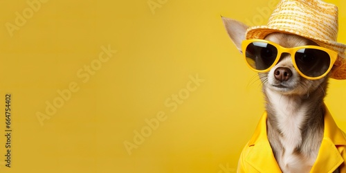 Cool looking Chihuahua dog wearing funky fashion dress. space for text right side. © Md