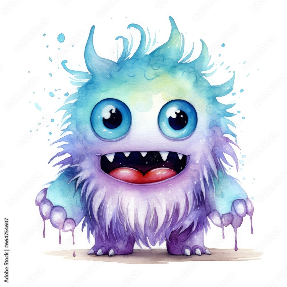 Watercolor cute monster on white background.