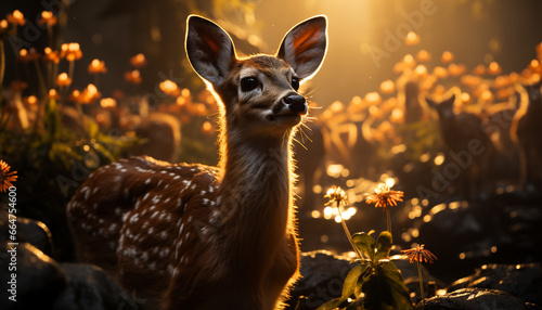 Cute deer looking at camera in grassy meadow at sunset generated by AI