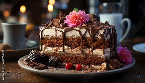 Gourmet chocolate cake slice on wooden table  ready to eat indulgence generated by AI