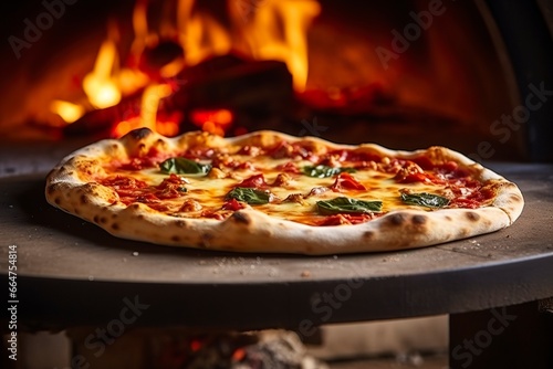 Freshly baked pizza closeup  traditional wood fired oven background.