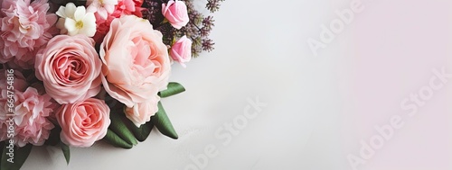 Fresh bunch of pink peonies and roses with copy space.