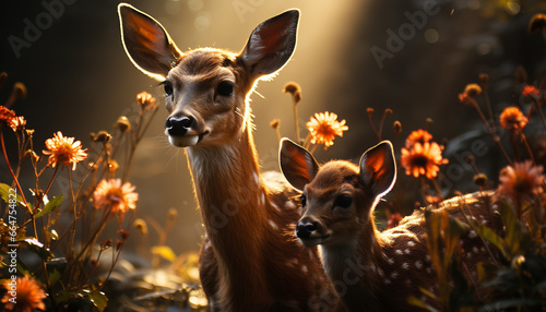 Cute deer in meadow, looking at camera, surrounded by nature generated by AI