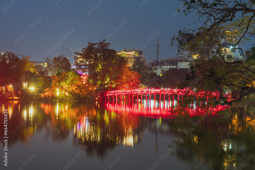 Red Bridge - The Huc Bridge in Hoan Kiem Lake, center of Hanoi, Vietnam Red Bridge - The Huc Bridge in Hoan Kiem Lake, center of Hanoi, Vietnam