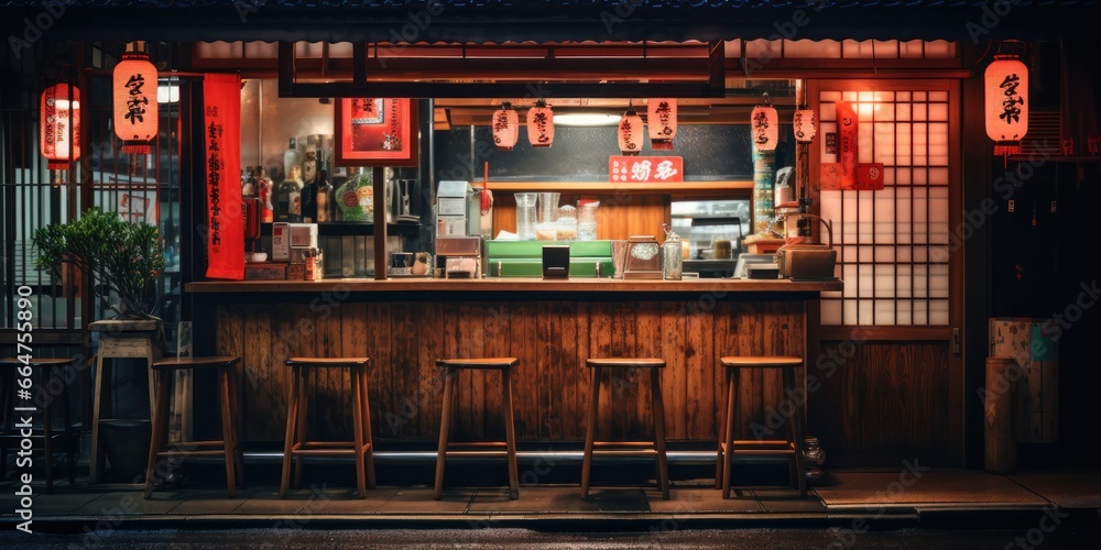 a beautiful Japanese Tokyo city ramen shop restaurant bar in the dark night evening, generative AI a beautiful Japanese Tokyo city ramen shop restaurant bar in the dark night evening, generative AI
