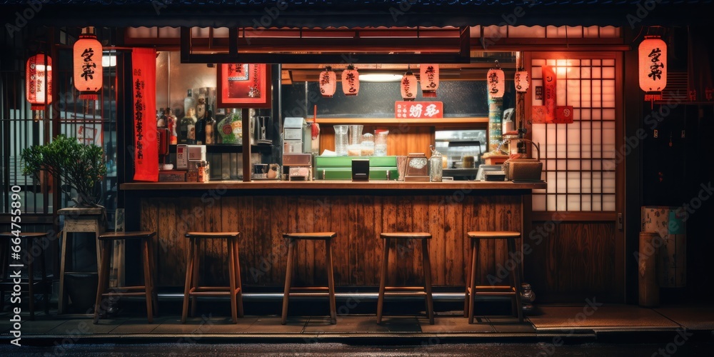 a beautiful Japanese Tokyo city ramen shop restaurant bar in the dark night evening, generative AI