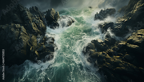 Nature wave crashes against the cliff, creating a stunning seascape generated by AI