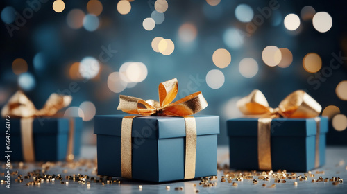  Gift boxes with gold bow on blue defocused interesting background 