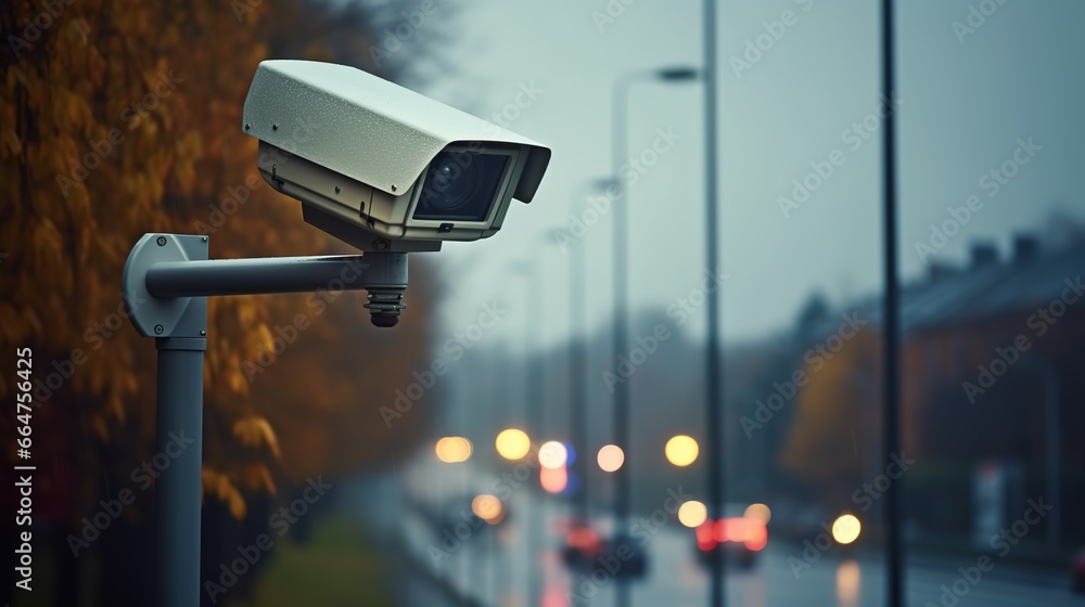 Security traffic camera on the road fines for speeding cars, control watching Security traffic camera on the road fines for speeding cars, control watching