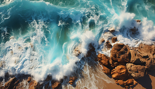 Nature wave crashes against the rocky coastline, splashing in beauty generated by AI