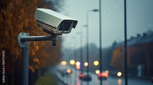 Security traffic camera on the road fines for speeding cars, control watching