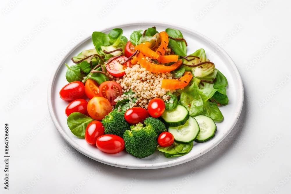 Salad with quinoa, spinach, broccoli, tomatoes, cucumbers and carrots. Salad with quinoa, spinach, broccoli, tomatoes, cucumbers and carrots.
