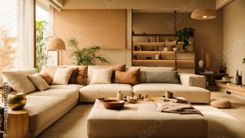 living room interior with cozy beige couch, modern minimalist design of apartment