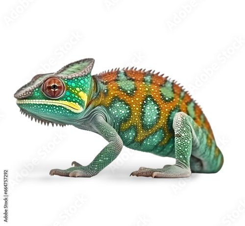 Beautiful multicolored(green, orange)chameleon isolated on transparent background. © Naige