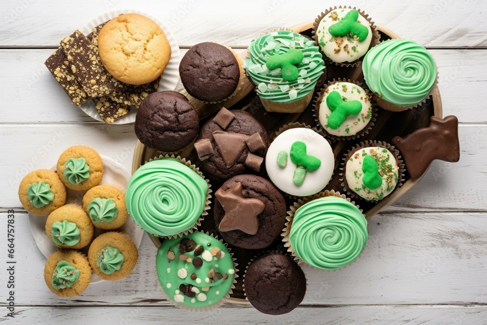 Desserts for St. Patrick's Day on a white wood background. Includes shamrock cookies, green cupcakes, brownies, donuts, and sweets, arranged in a side border. Top-down view with copy. Generative AI