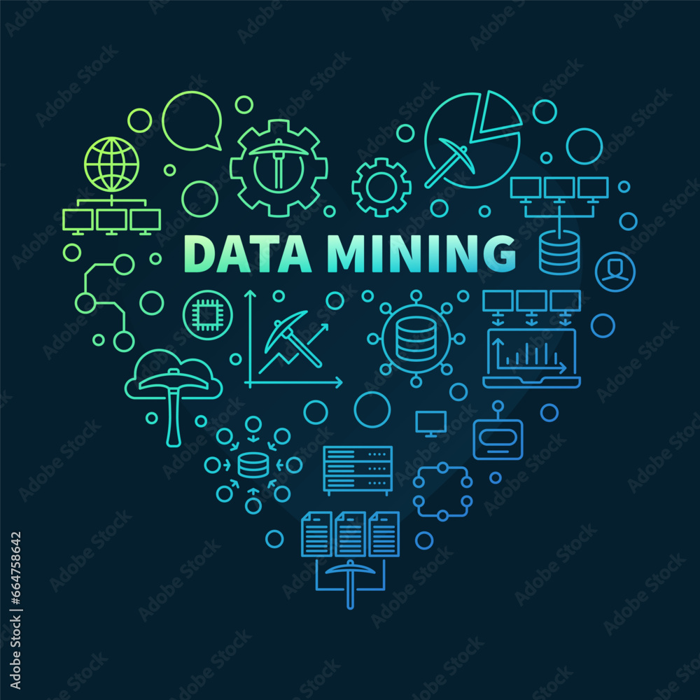 Data Mining Heart colored banner in thin line style - Database Analytics concept illustration