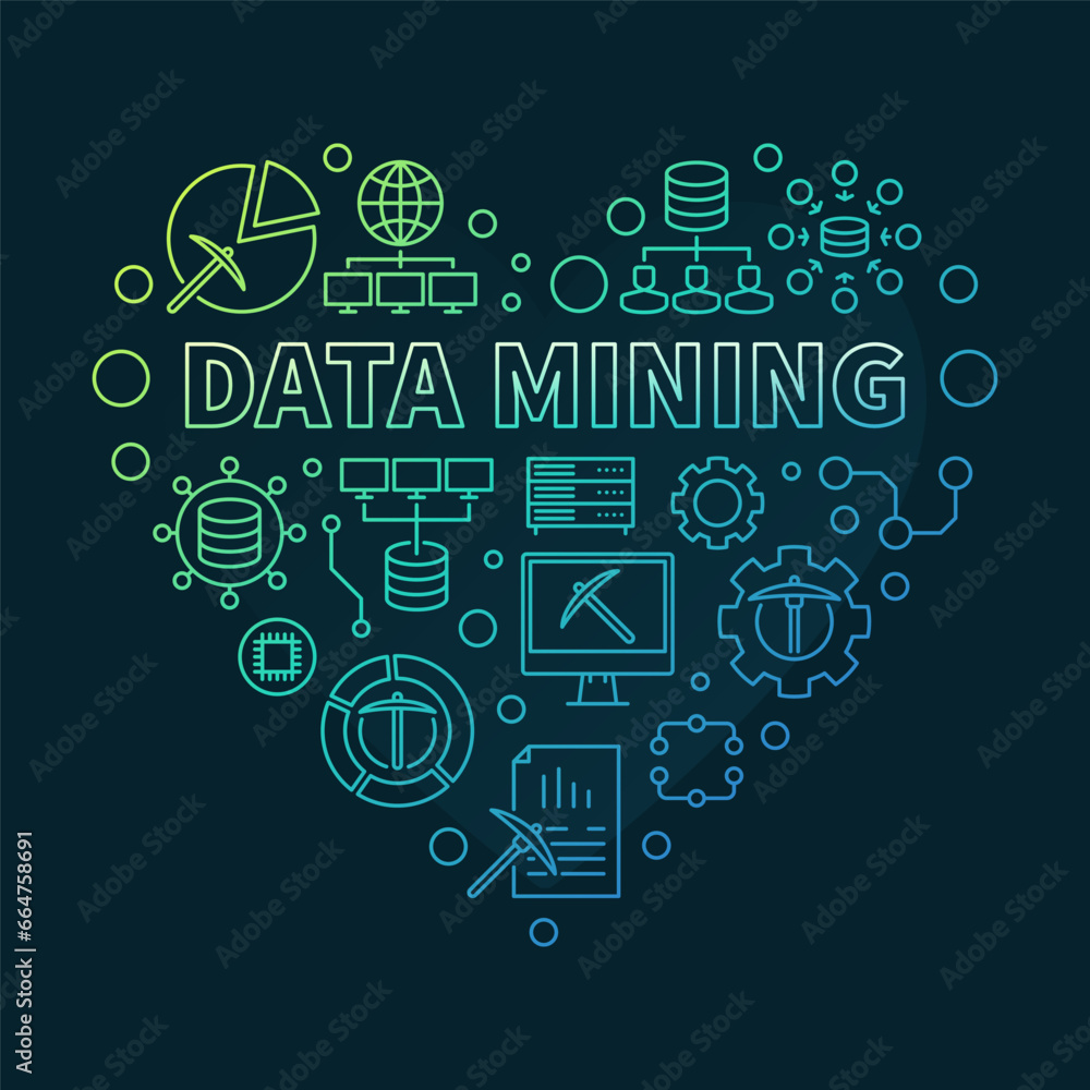 Data Mining Technology concept vector outline heart shaped colored banner Data Mining Technology concept vector outline heart shaped colored banner
